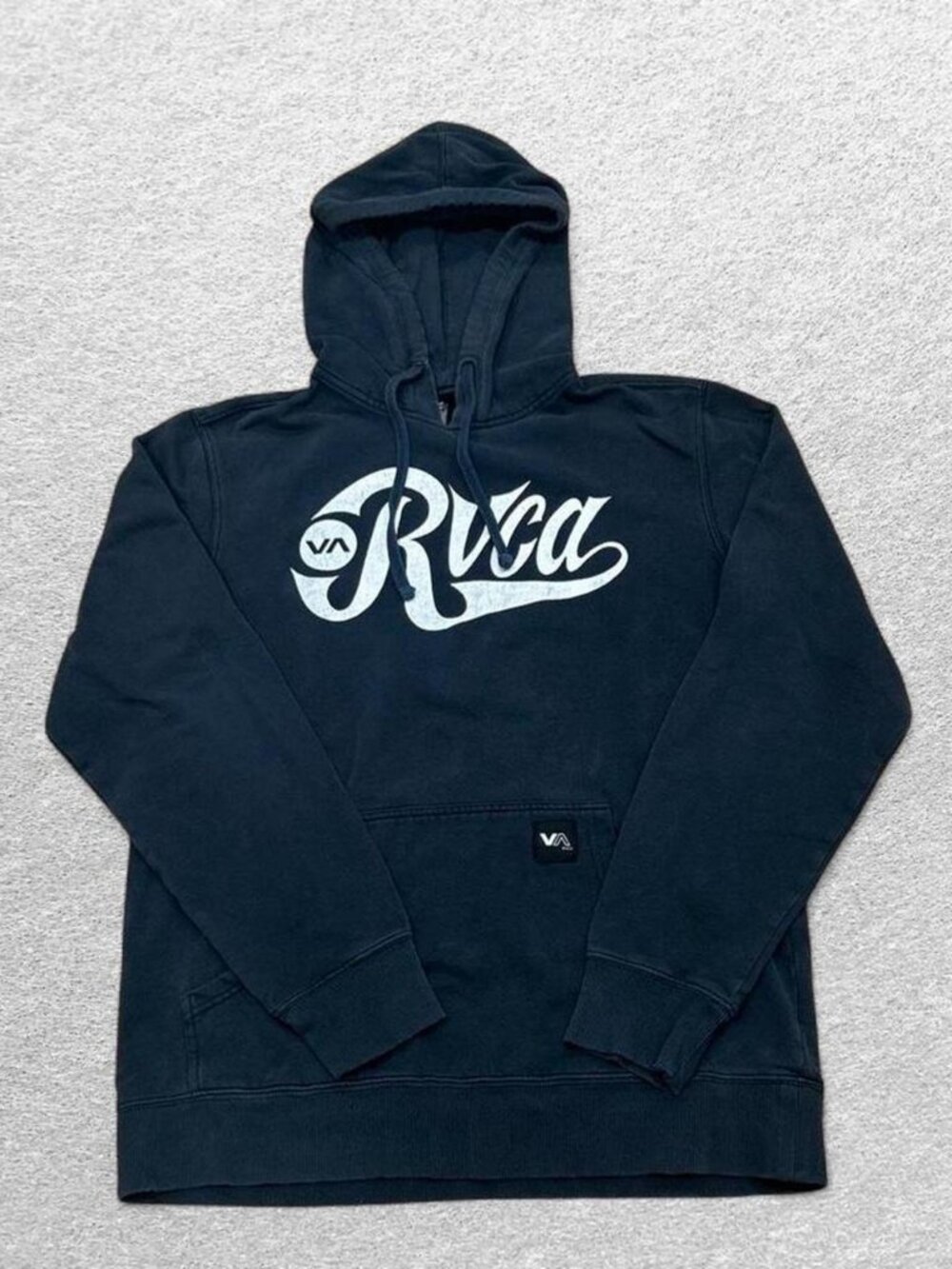 RVCA Hoodie Sweatshirt Mens M Navy Pullover Fleece Spellout Logo Graphic Y2K